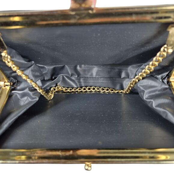 Vintage Evening Bag Clutch Purse Black Satin Gold Chain Kiss Lock Small Formal - Picture 8 of 12